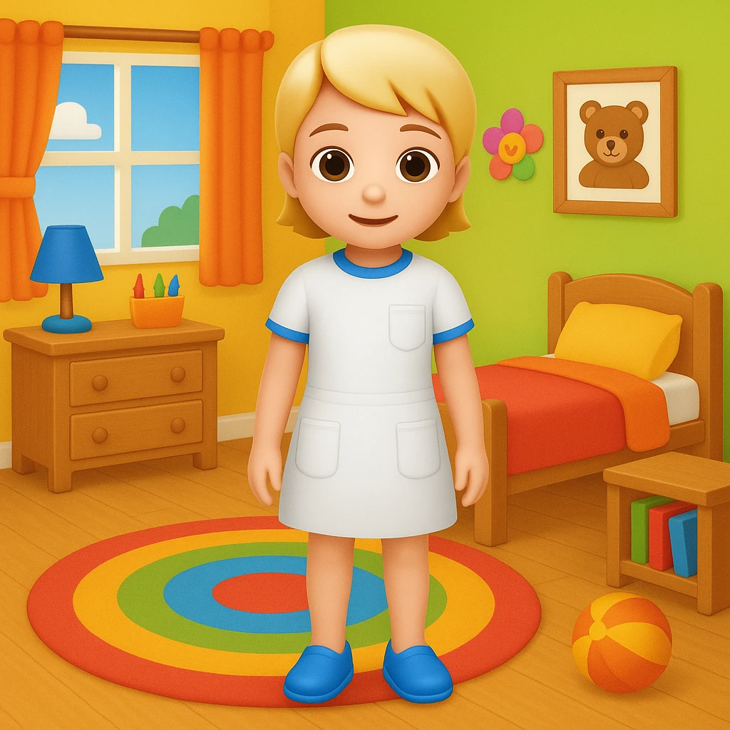 Add a colorful bedroom background with bright walls, playful decorations, and a cozy rug. Keep the room tidy and inviting in emoji style emoji