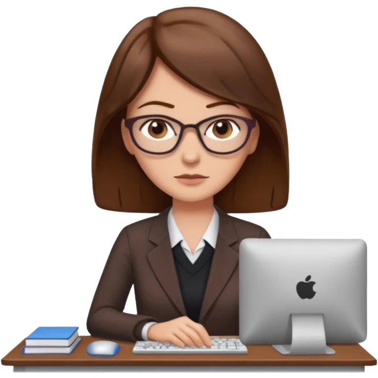 Uma mulher de cabelo castanho que é professora e um pouco brava a trabalhar no computador sem usar óculos emoji