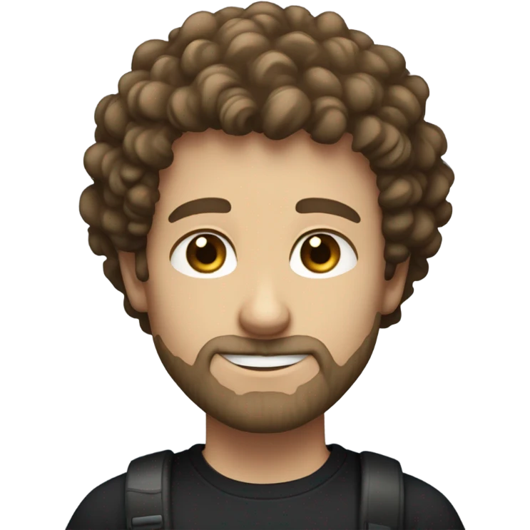 a white man with curly frizzy brown hair and a short trimmed beard with no mustache with blue eyes, black t shirt  emoji