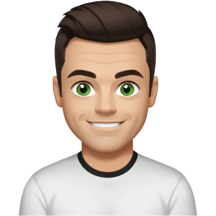 Robbie Williams with green eyes and shirt, dark brown hair emoji