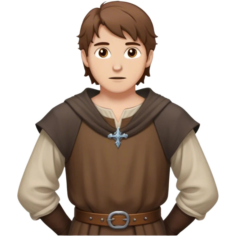 medieval outfit worn by a DnD themed fantasy character. basic low level clothes. clothes only above the waist. The clothes full waist. The character's haven't arms. character is brown hair brown eyes messy hair white man. emoji