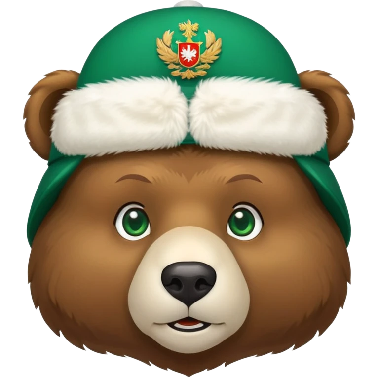 Friendly brown bear face with emerald green eyes, white furry ushanka winter hat with prominent Russian Federation coat of arms, iOS emoji style emoji