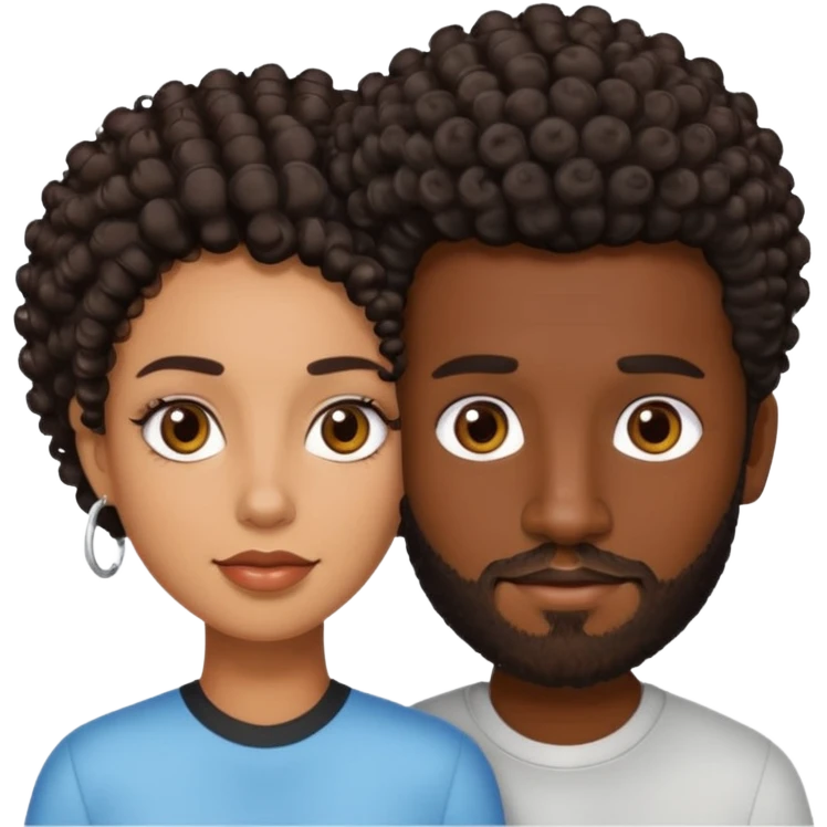 Dark brown skin man with a light beard and a curly   fade haircut with dark brown eyes with a brown skin  Latina woman with dark straight hair  emoji