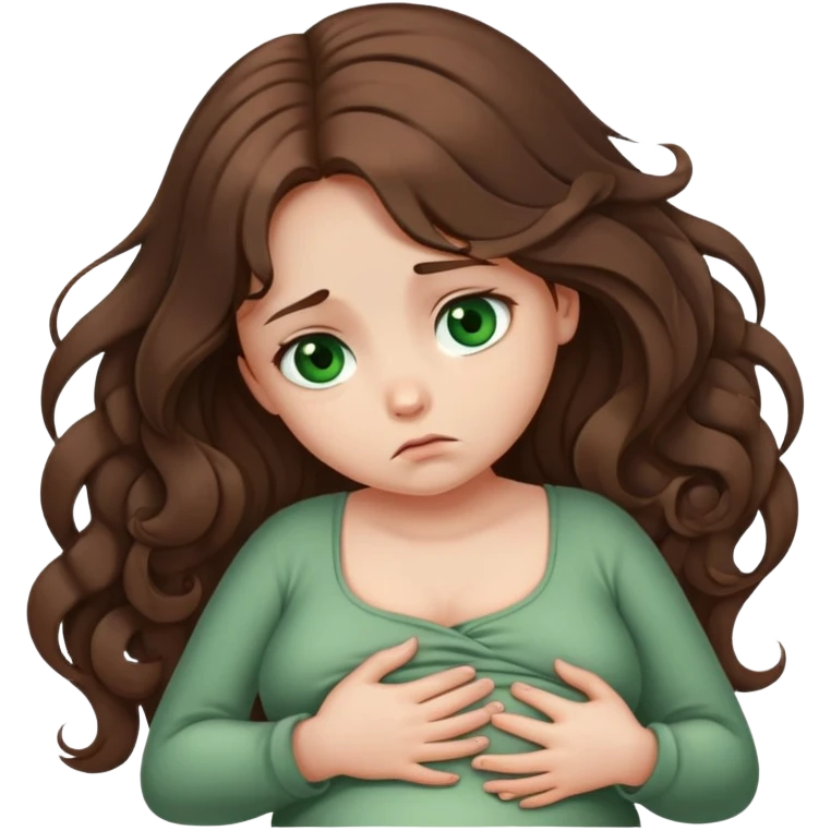Sad Girl with curled brown long length hair and dark green eyes with belly ache emoji