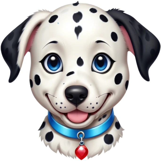 Cinematic Cute Harlequin Dalmatian Portrait Emoji, Head tilted playfully and inquisitively, featuring a glossy Fur of predominantly white with dynamic black patches, round, sparkling blue eyes filled with gentle curiosity, Simplified yet irresistibly adorable features, highly detailed, glowing with a warm, friendly glow, high shine, affectionate and gentle, stylized with a touch of whimsy, bright and endearing, soft glowing outline, capturing the essence of a mischievous yet loving pup, so playful it feels like it could lumber out of the screen and into your arms! emoji