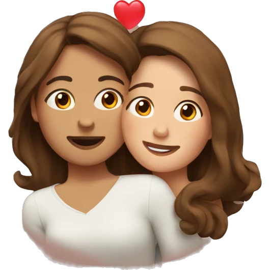 woman with brown short hair hugging a woman with brown long hair with hearts surrounding them emoji