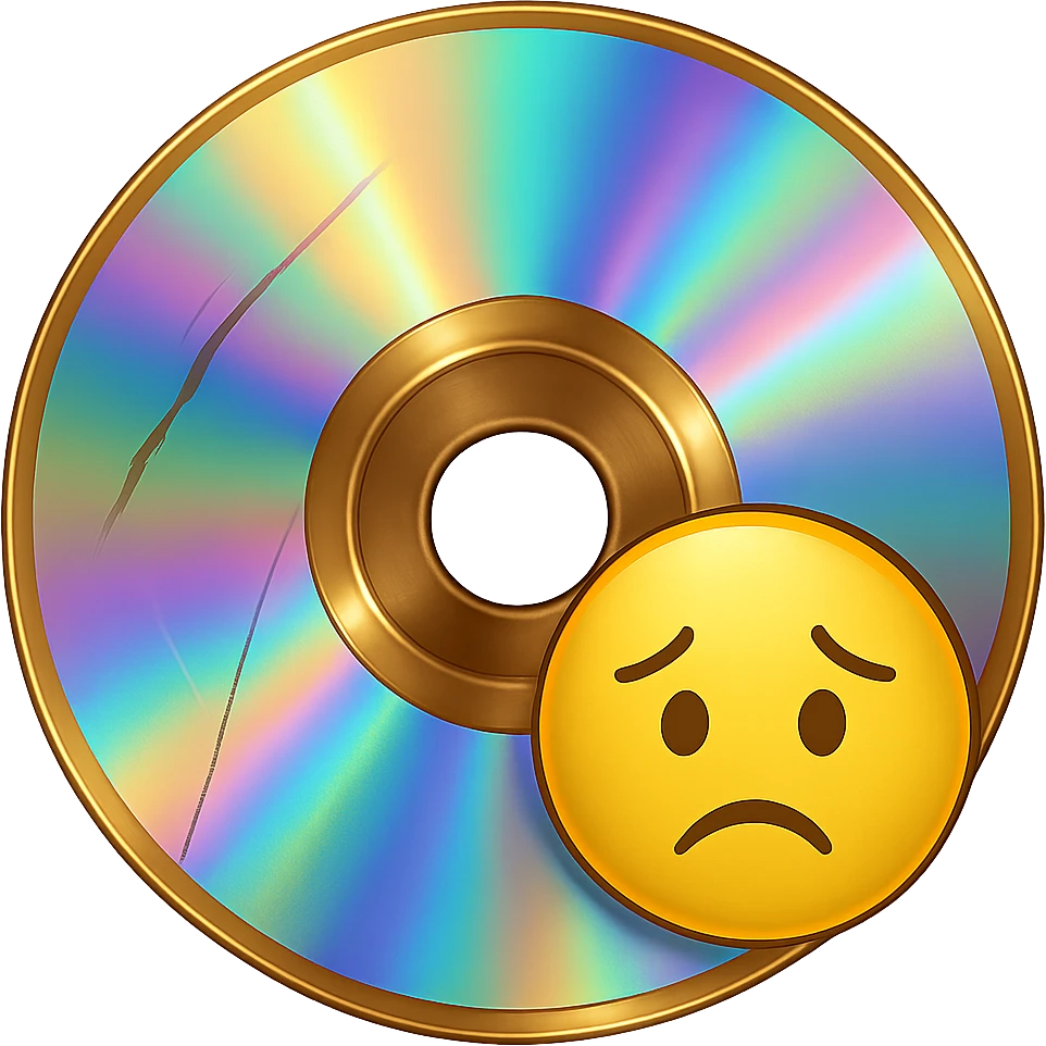 gold CD with a scratch, emoji, holographic effect emoji