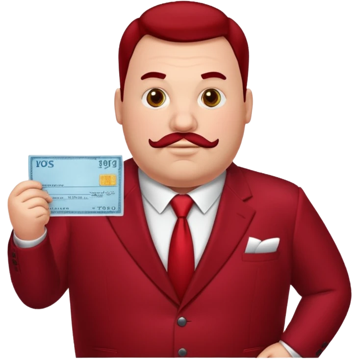 big fat guy bold head in dark red velvet suit holding cheque emoji