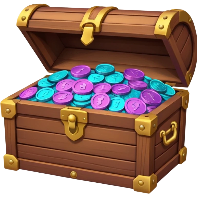 wooden brown treasure chest filled with  coins 
Change coins color in in gradient of turquoise, blue, pink, purple, and coral emoji