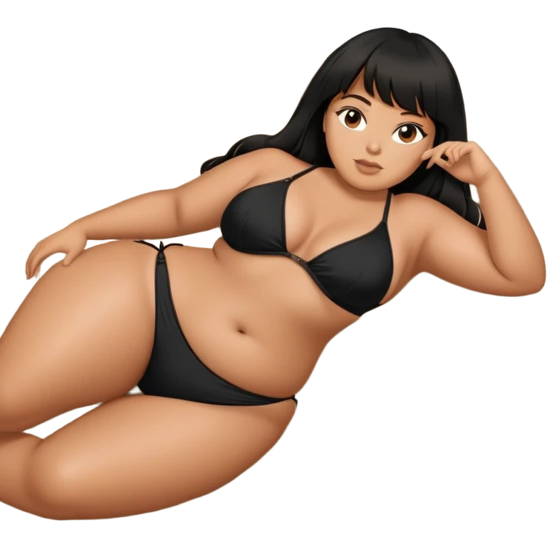 Plus size Latina female with bangs black long layer hair with black bikini laying on a bed emoji