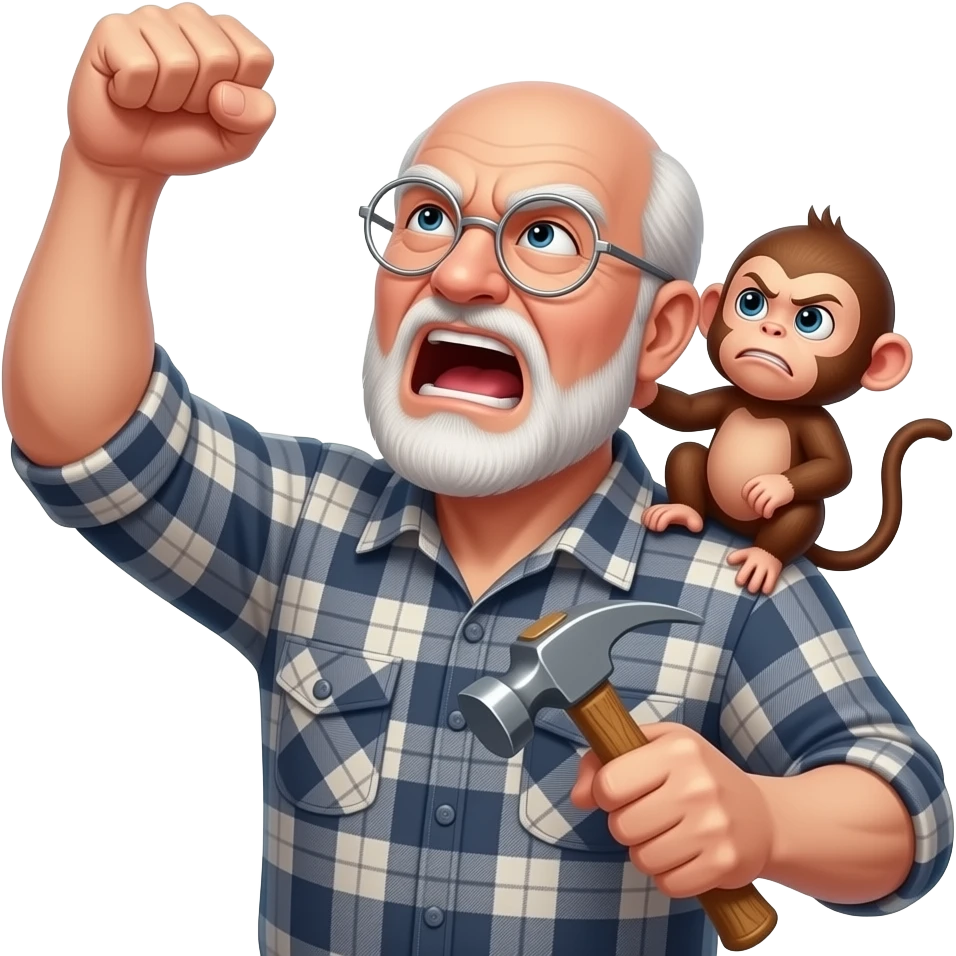 Angry old man with a plaid shirt with silver round glasses balding, no beard or mustache yelling at the sky and shaking his fist angrily at the sky holding a hammer in his LEFT hand and a angry baby monkey on his shoulder. emoji