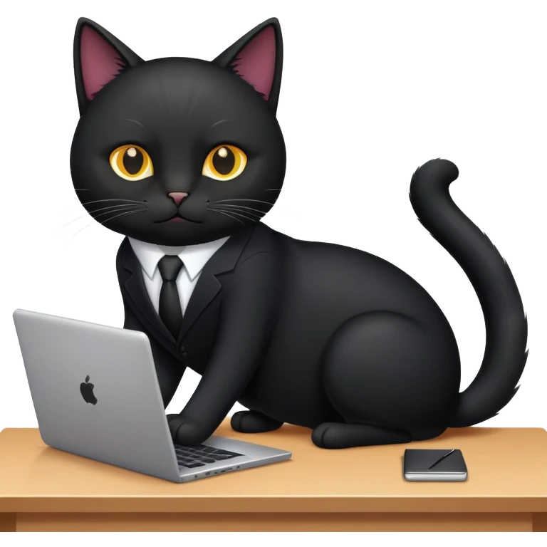 Black cat in a black business suit in an office with laptop emoji