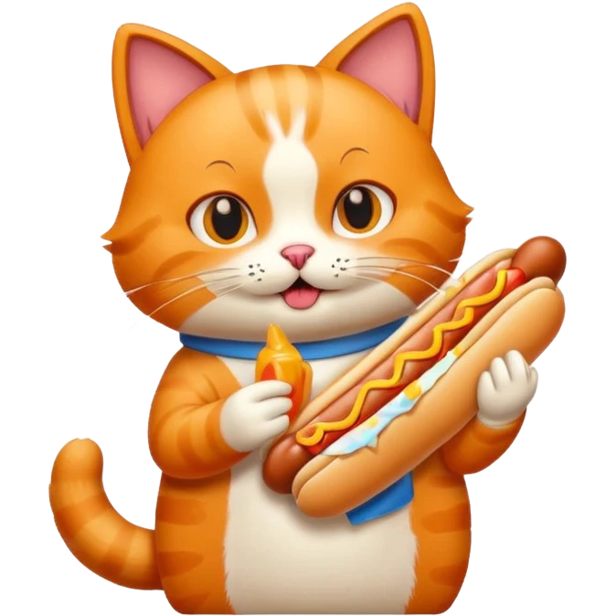 A cartoon cat holding one hot dog and eating it emoji