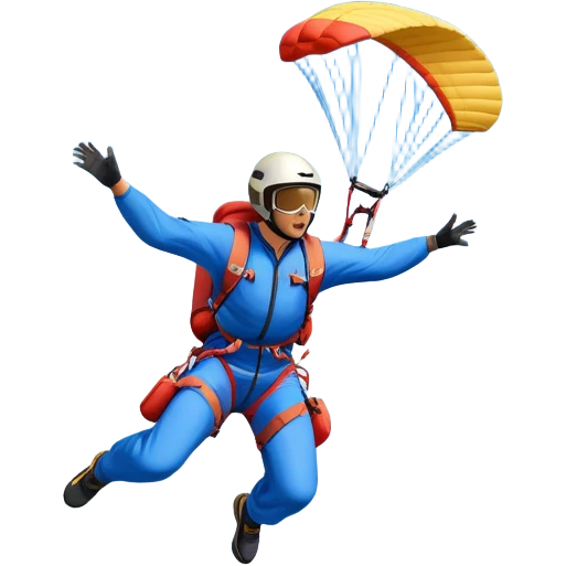 A base jumper soaring through the air, parachute deployed, flying off a steep mountain peak. The background is filled with majestic mountains, clear blue sky, and distant clouds, capturing the exhilarating thrill and beauty of extreme sports. emoji