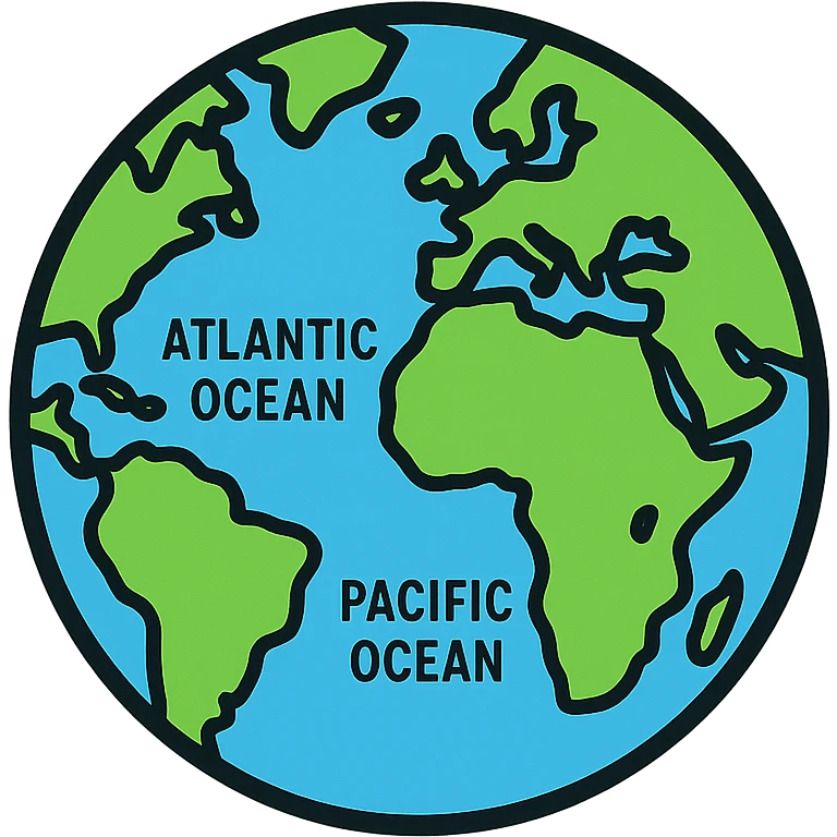 globe icon with intricate details, including shaded continents, labeled oceans, and black outlines, lineal color style emoji