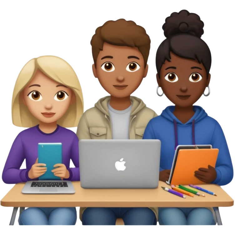 three diverse design students working on creative project with art supplies and laptops emoji