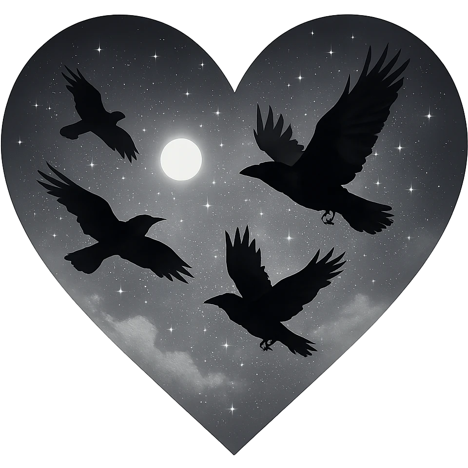  heart with white night sky and dark ravens, remove background emoji