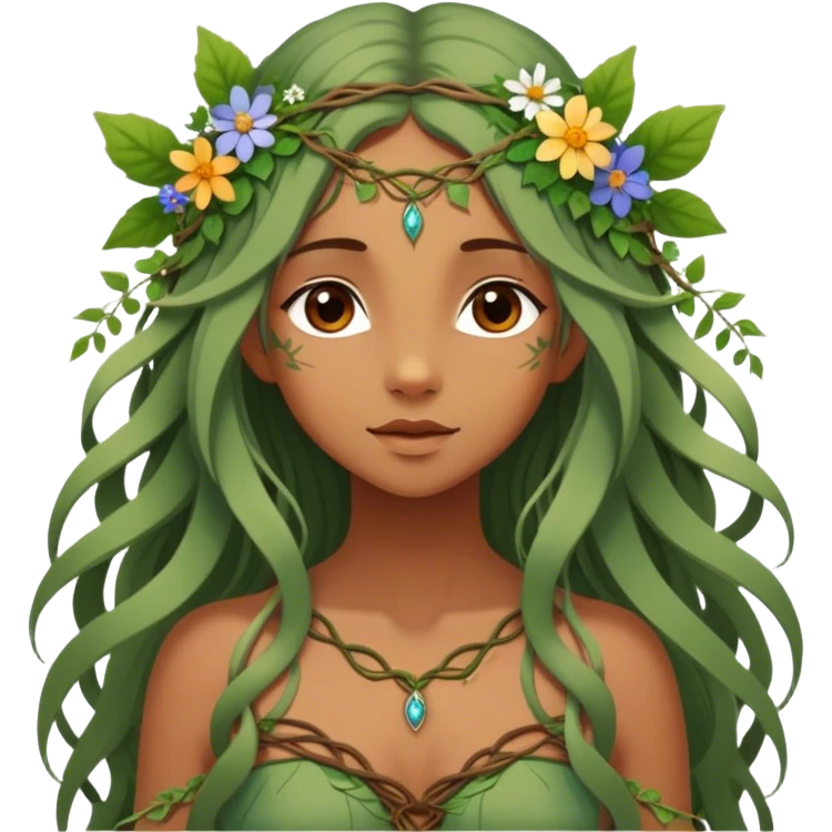 Cinematic Realistic Forest Nymph Fairy Portrait, depicted with lifelike, sun-kissed tanned skin that radiates an earthy glow, softly illuminated by natural, dappled light. Her long, flowing hair is intricately detailed and interwoven with delicate vines and wildflowers, while her deep, soulful eyes mirror the wisdom of the forest. Dressed in an attire inspired by nature’s palette—with subtle botanical motifs—the portrait exudes a soft, enchanted glow that melds realism with woodland magic. emoji