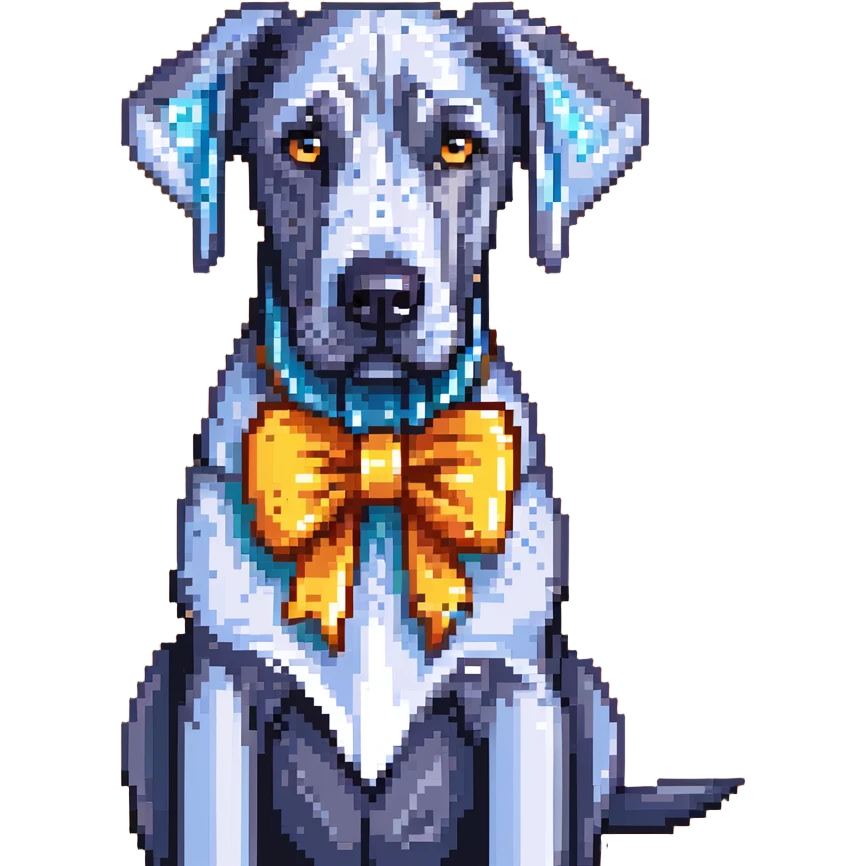 Blue Great Dane dog with a sparkly bow on its ear, pixel art style emoji