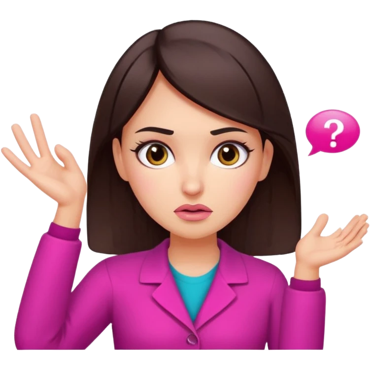 Social media manager. She has dark brown hair, brown eyes, , confused expression, raised eyebrows, questioning face, one hand on the head as if not understanding analytics.. Use vibrant colors with a focus on pink and fuchsia tone emoji