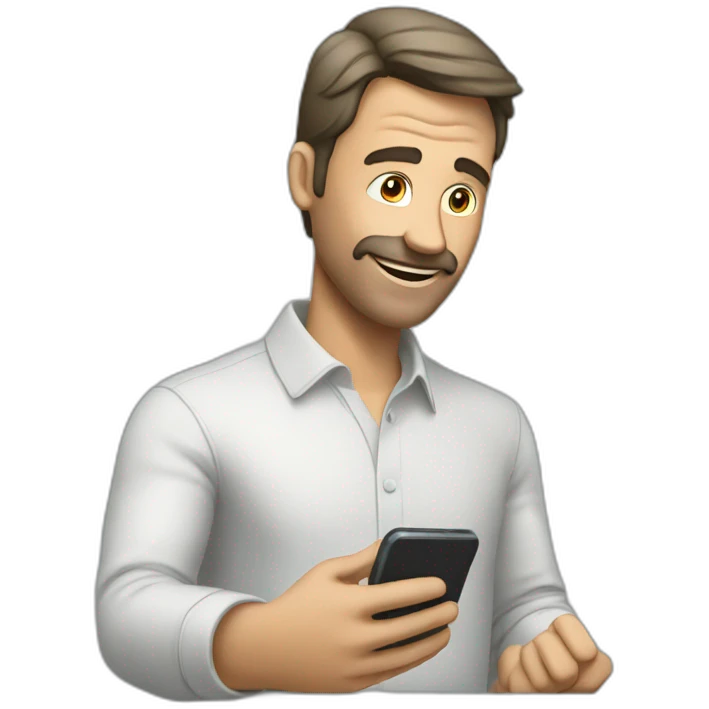 A man talks to his mobile phone sideways emoji