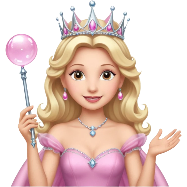 glinda the good witch from wicked movie, blonde hair, beautiful, big silver thin tiara, bubble wand, pink gown emoji