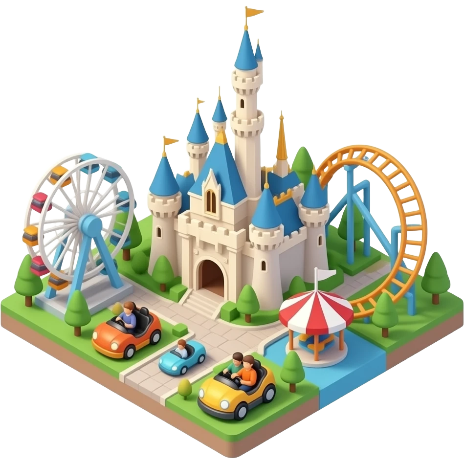 3D isometric miniature emoji of Hong Kong Disneyland, fairy tale castle, small rides and flags, colorful theme park details, cute chibi style, rounded shapes, glossy vibrant colors, soft lighting, tiny diorama, minimal background emoji