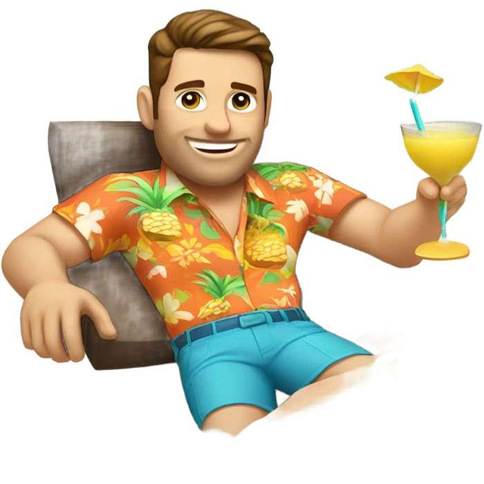 White man with brown hair lounging by pool wearing Hawaiian shirt drinking pina colada emoji