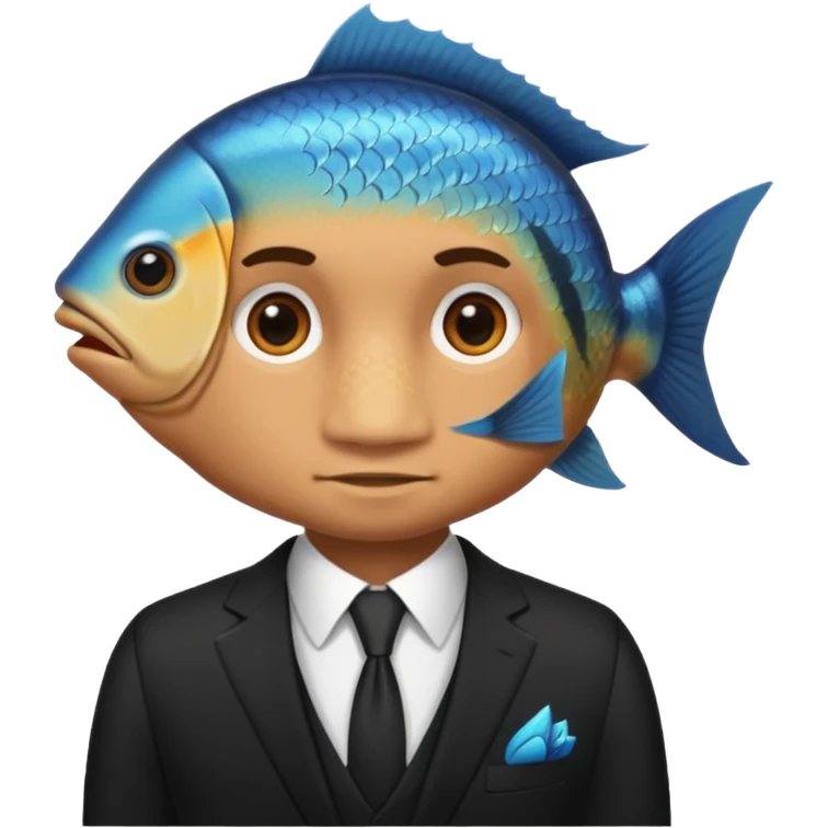 A man wearing nice black suite, and he has a fish head emoji