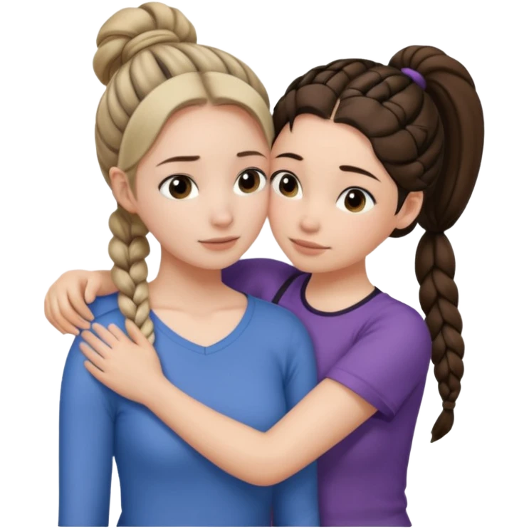 Comforting Hug two white skin women, one shorter woman with medium brown simple top ponytail, not braided, and one taller woman with a single long black side braid emoji