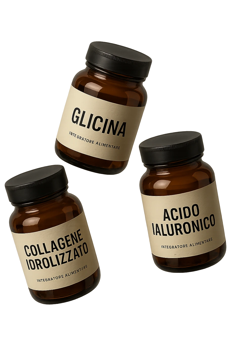 3 BARATTOLI DI INTEGRATORE CON LA SCRITTA: COLLAGENE IDROLIZZATO, GLICINA, ACIDO IALURONICO FLUTTUANO IN ARIA, IPERREALISTICA 4K emoji