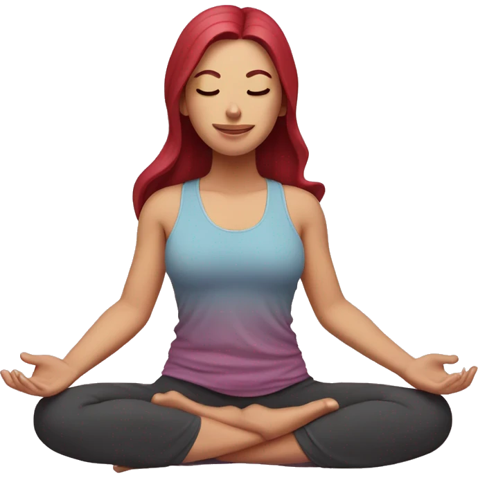 yoga girl, lotus position, pink skin, long and dark red hair, eyes closed, smiling emoji