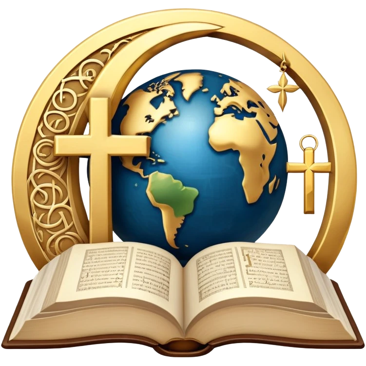 An icon featuring a Bible, The Quran, The Orthodox cross, a crescent moon, symbolizing the study of religions. The design includes diverse religious symbols and a globe, representing global beliefs and spiritual practices. Transparent background highlights the exploration of faiths and traditions. emoji