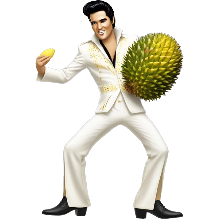 Elvis Presley wearing a white and gold jumpsuit with black shoes in a dancing pose, A hand holding a large durian emoji