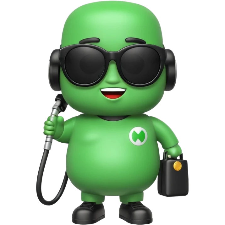 A cute 3D icon of a green gas pump character wearing oversized black sunglasses. Round and chubby proportions, glossy toy-like texture, soft pastel lighting, friendly expression, smooth edges, high-quality render, isolated on a transparent background. emoji