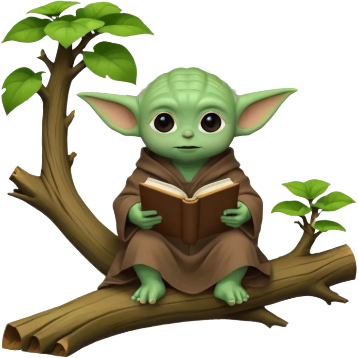 Baby Yoda con su tunica chocolate leyendo en un bosque sentado en una rama caida de un arbol emoji