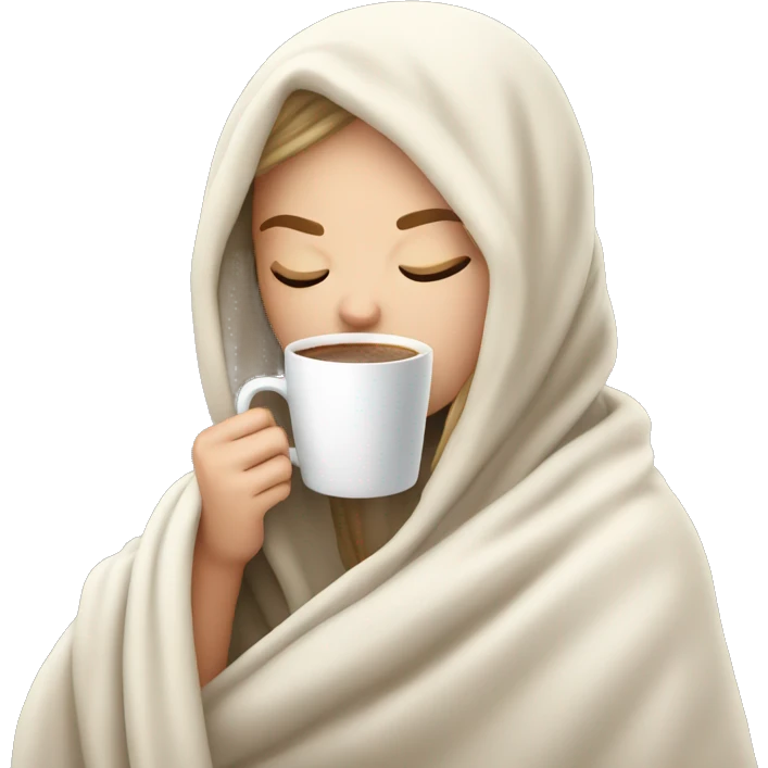 White girl inside a blanket sipping coffee eyes closed emoji