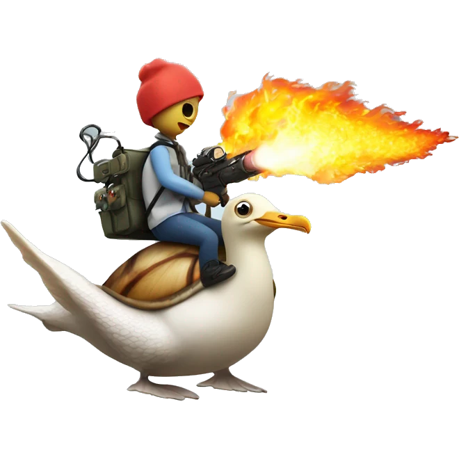 snail with a flamethrower riding a seagull emoji