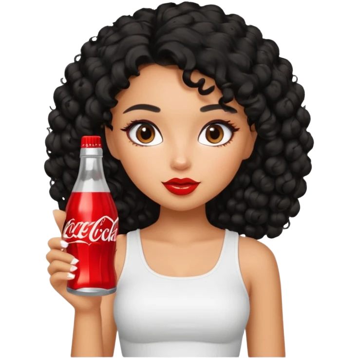 a pretty tan bratz girl with black curly hair drinking coca cola. minimal makeup. white top emoji