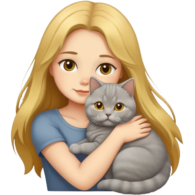 A long-haired girl hugs a Golden Shaded British shorthair emoji