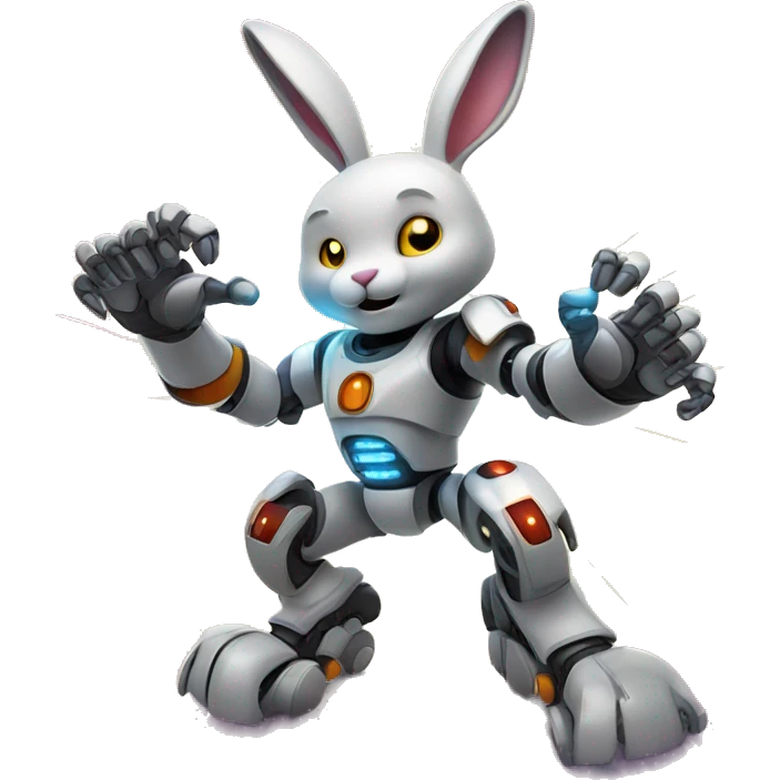 The robot rabbit surrounded by glowing effects or energy lines, with its fist in the air as if powering up. emoji