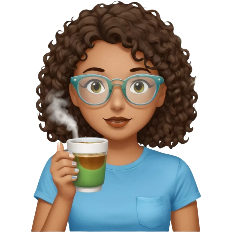 White girl with dark brown curly hair, brown eyes, sky blue glasses, nose ring, green t shirt, drinking coffee from a glass cup emoji