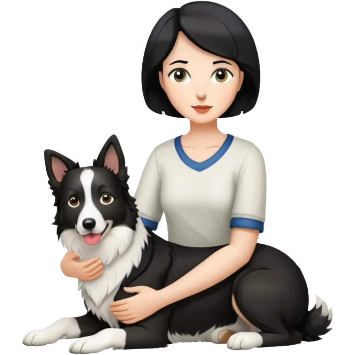 A woman of sixty with short black hair was leading a border collie emoji