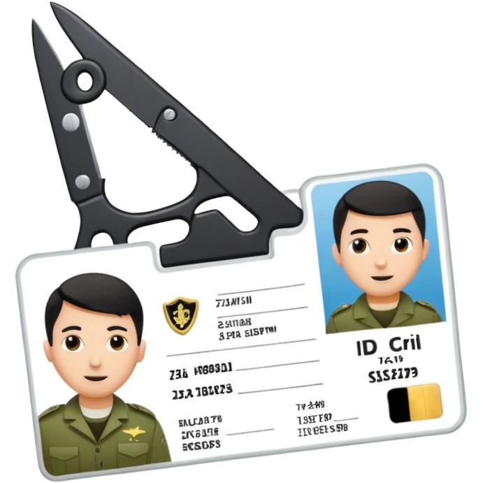 Floating black Scissors cutting in half an idf soldier ID card with a little chip in 2 parts emoji