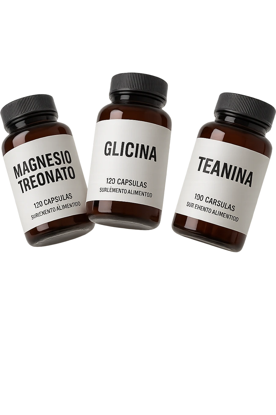 3 boccette di integratori: Magnesio Treonato, glicina, teanina in italiano, fluttuano in aria emoji