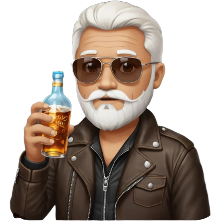 Un motero de perilla blanca, gafas oscuras chupa de cuero y bebiendo de una botella de Jack Daniel's. emoji