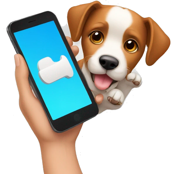 a hand holding a phone that has a dog on the screen emoji