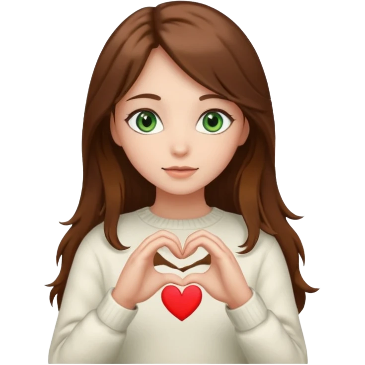 Girl green eyes brown long hair white warm sweater doing hands heart emoji
