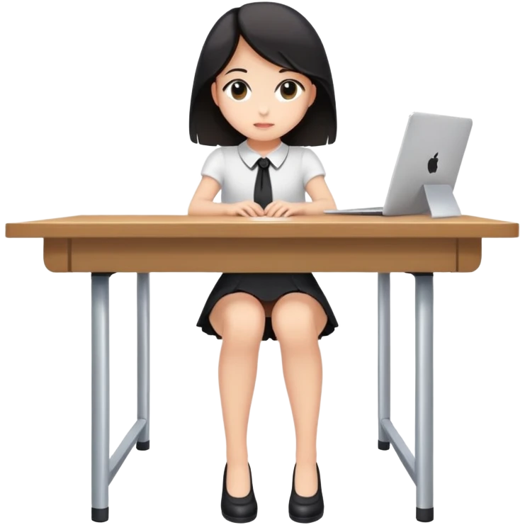 a girl in a short black skirt sits at a table, under the desk you can see how the girl slightly spread her legs and you can see panties under the skirt emoji