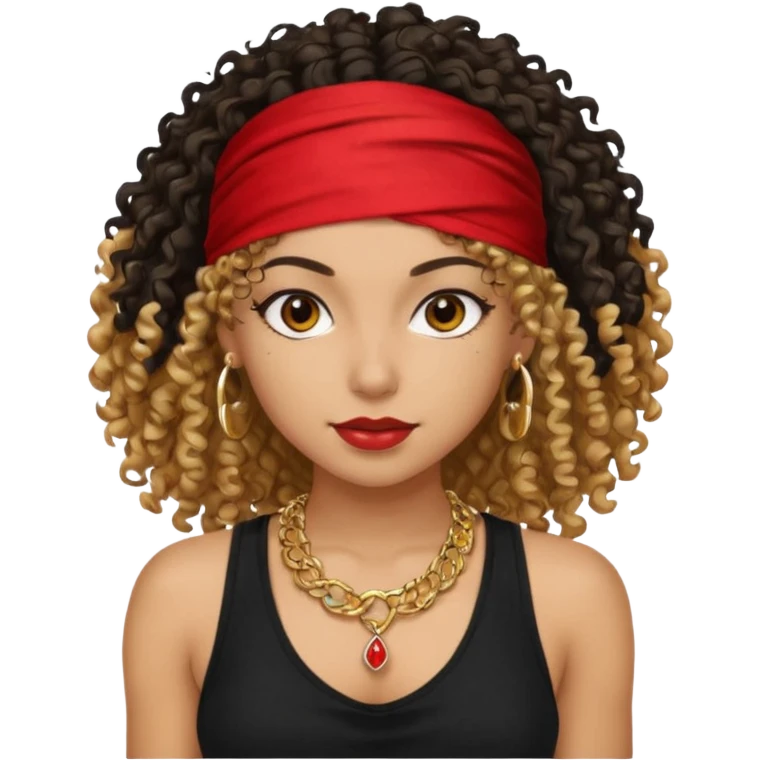 Baddie girl with black  tank top curly hairss and bandana and jwellery face only not body emoji